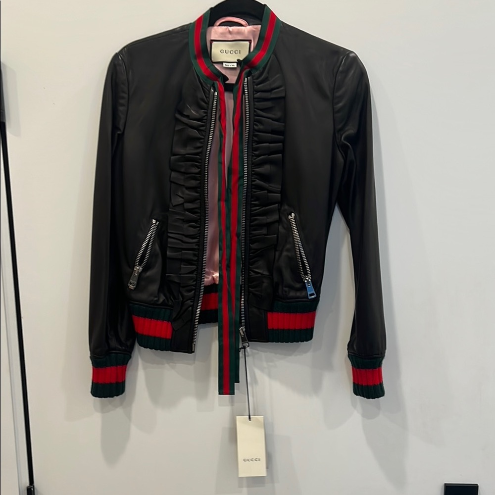 Gucci Black Bomber Jacket with Red and Green Accents